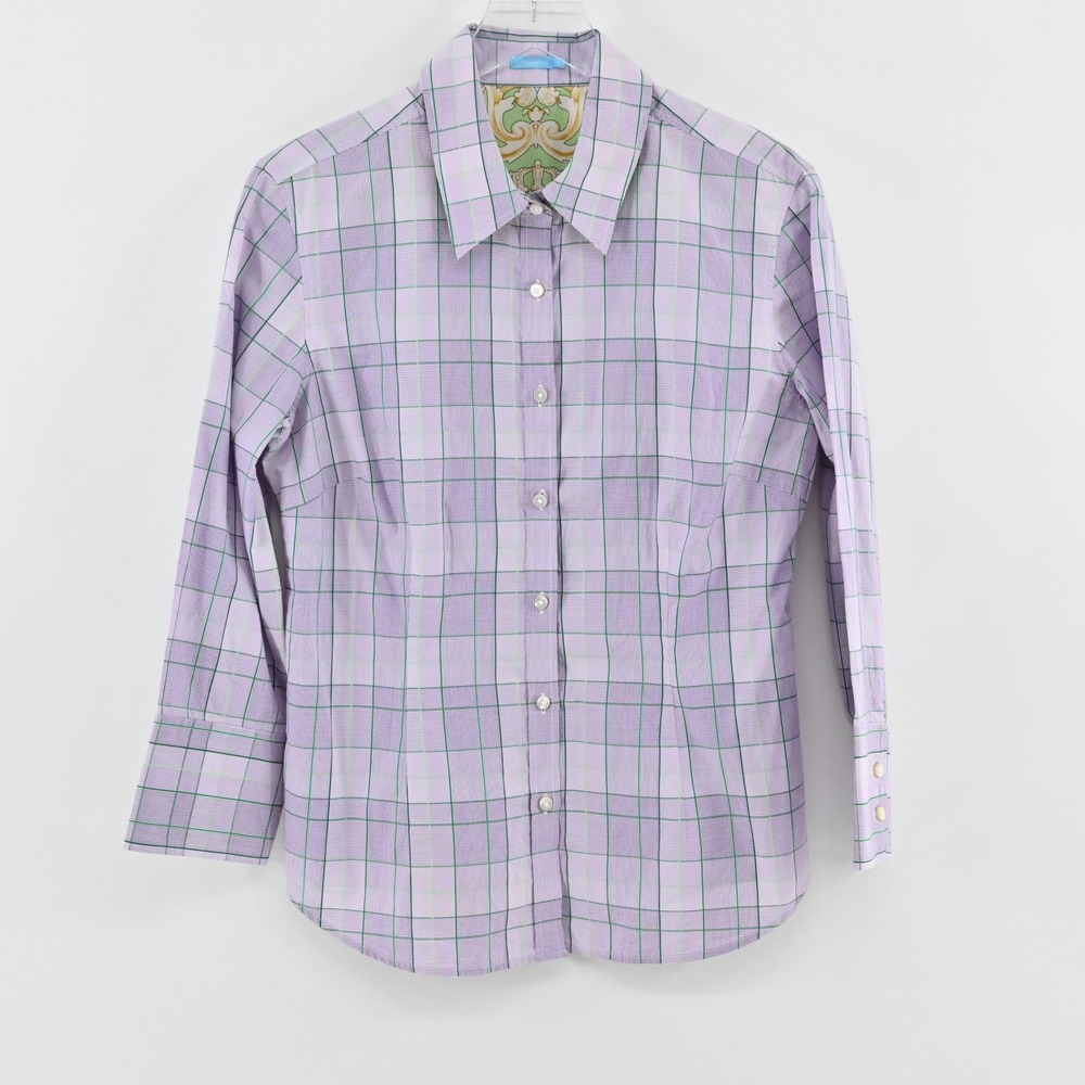 J McLaughlin Silk Plaid Shirt Womens Size 12 Purple Green Cotton Button Resort